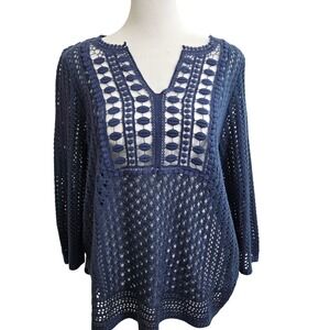 Chicos Blue Crochet Knit V Neck Tunic Top Size 2 Boho